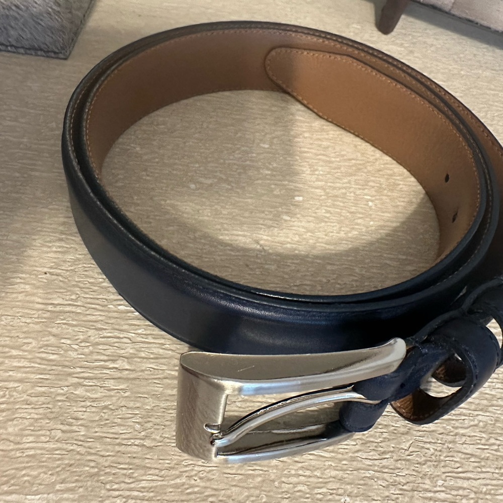 Allen Edmonds Blue Leather Belt with Silver Buckle
